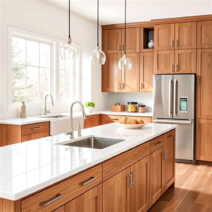 oak cabinets with white countertops